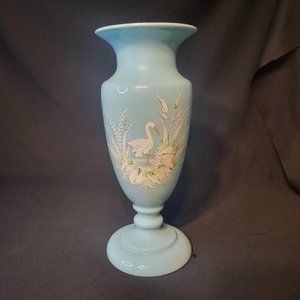Antique Hand Blown Painted Baby Blue Bristol Glass Enameled Vase Urn Floral 13"